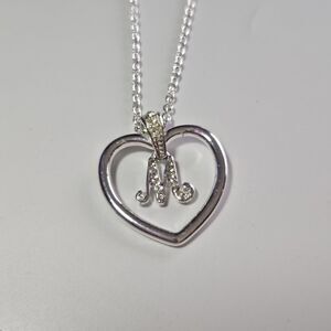 Avon Silver Plated Initial Letter M Heart Pendant Clear Rhinestones Necklace 17"